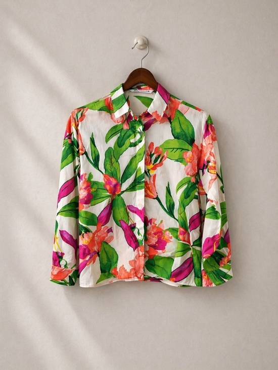 Zara Tops - Zara Tropical Floral Button Down Blouse XS Pink Green Resort Shirt